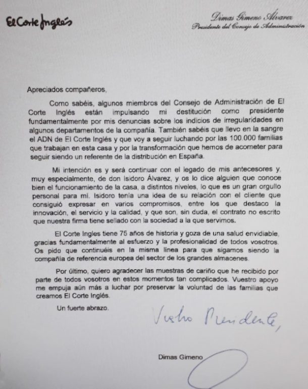 La carta de despedida que Dimas Gimeno envió a los