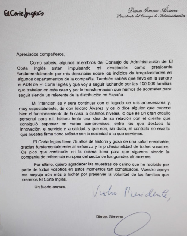 La carta de despedida que Dimas Gimeno envió a los 