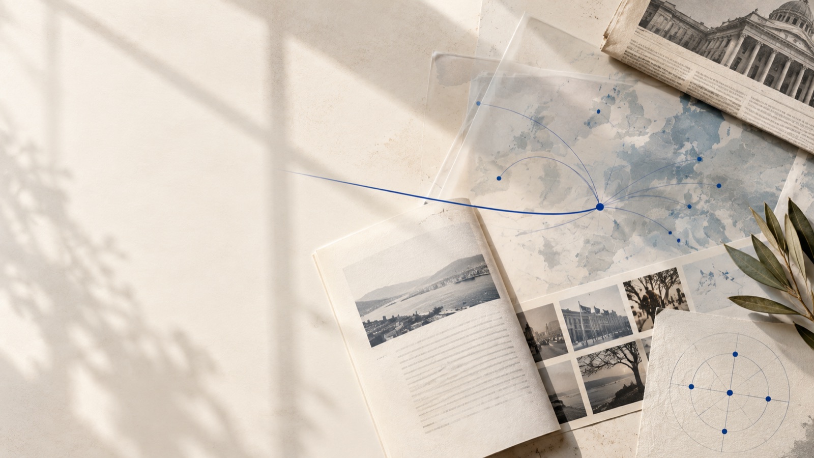 Mesa de trabajo con mapas, documentos y una red de conexiones trazada en azul