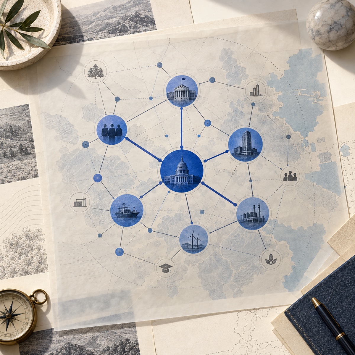 Red de actores institucionales y económicos conectados sobre un mapa